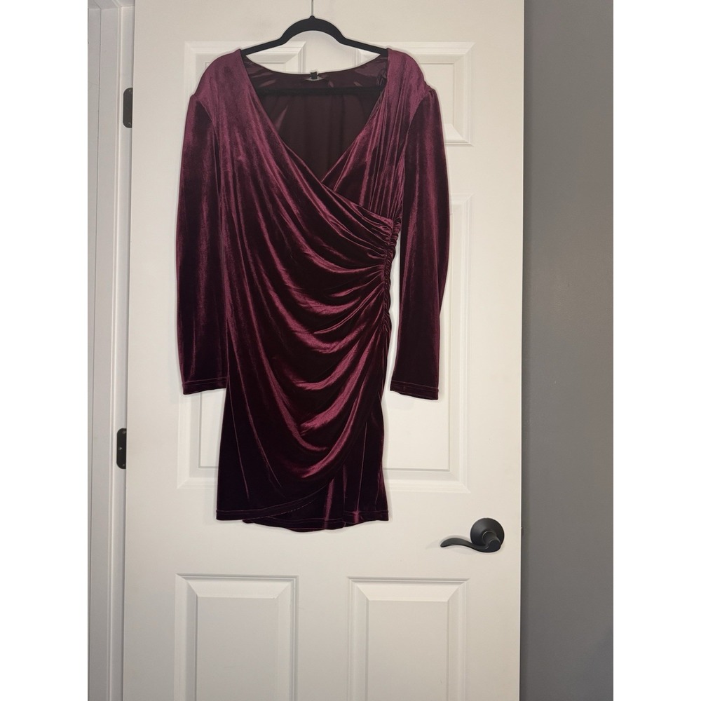 Alex Marie Nikki Long Sleeve Surplice Dress Velvet Burgundy Ruching 14 Nwt